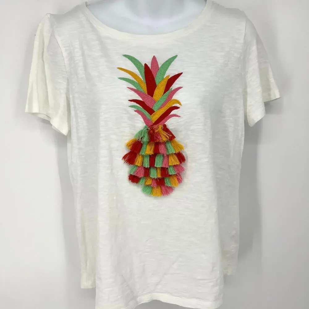 Talbots Petite Womens Embroidered Pineapple Tassls Cotton Size M Petite